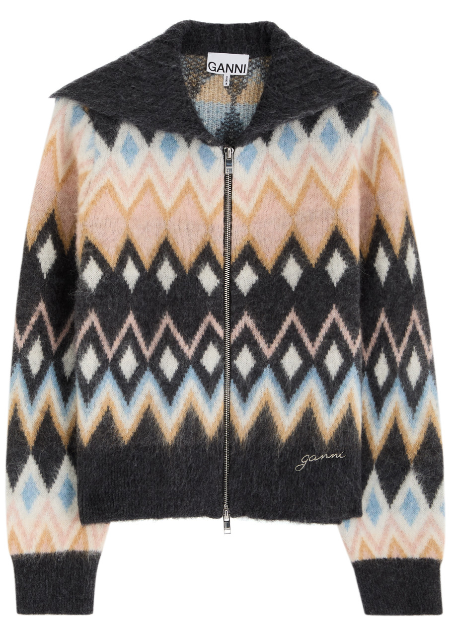 Ganni Patterned-intarsia Knitted Cardigan – Black – S – S Ganni Patterned-intarsia Knitted Cardigan – Black – S – S