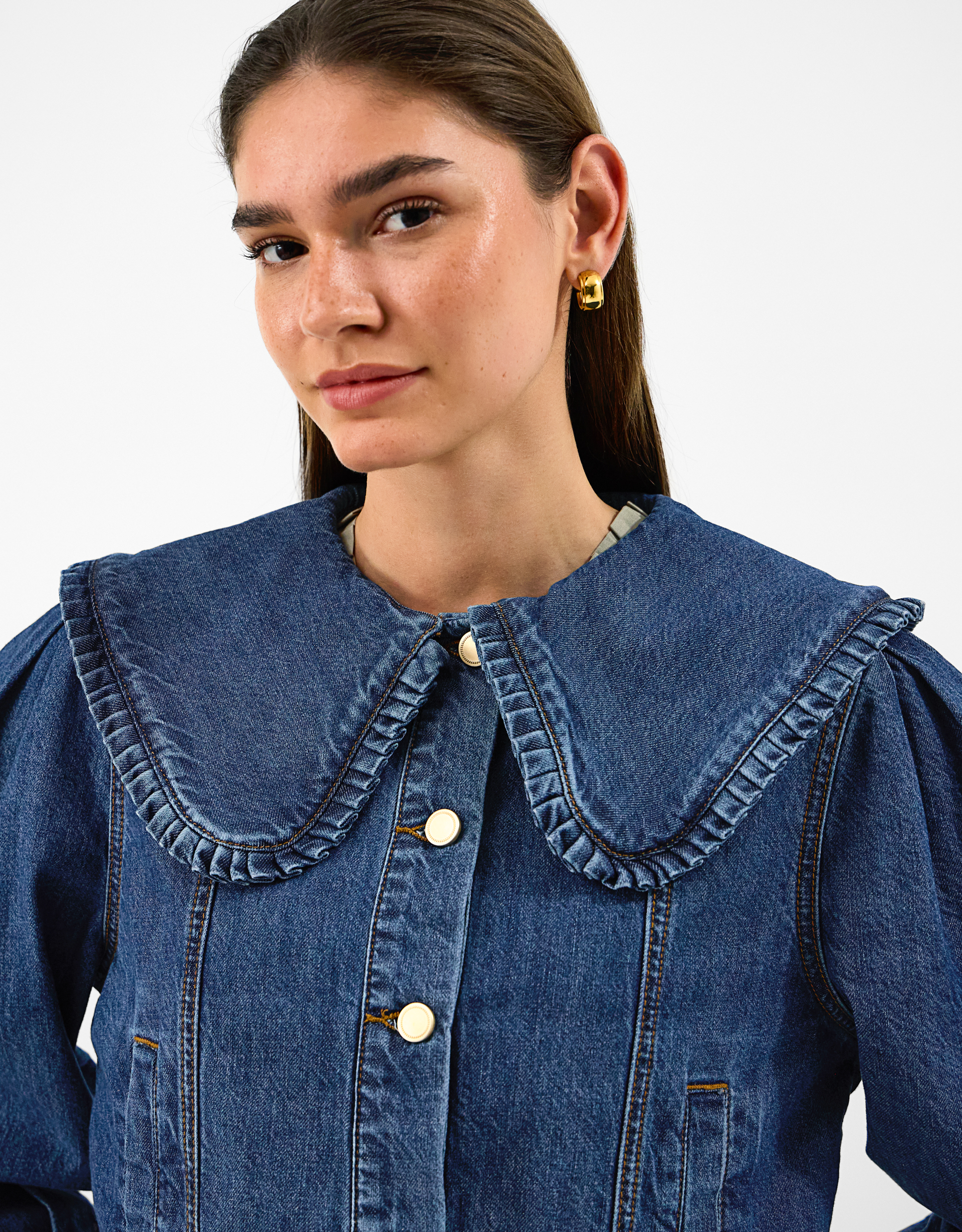 Frill Collar Denim Jacket Blue, Size: Frill Collar Denim Jacket Blue, Size: