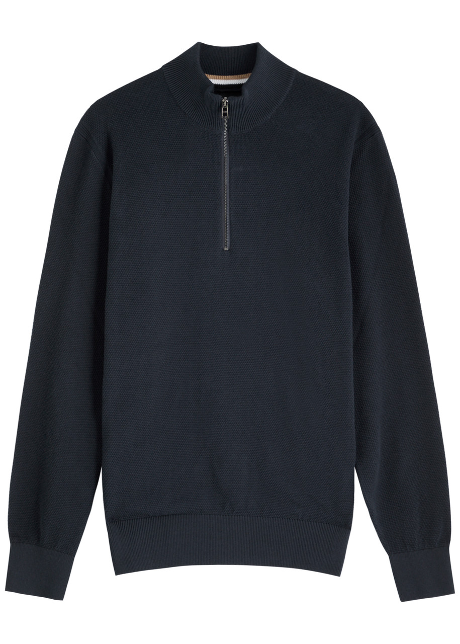 Boss Textured Half-zip Cotton Jumper – Navy Boss Textured Half-zip Cotton Jumper – Navy
