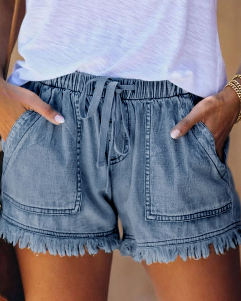 Zeagoo Denim Shorts Casual Drawstring Elastic Waist Summer Frayed Tencel Short Jeans With Pockets – Blue