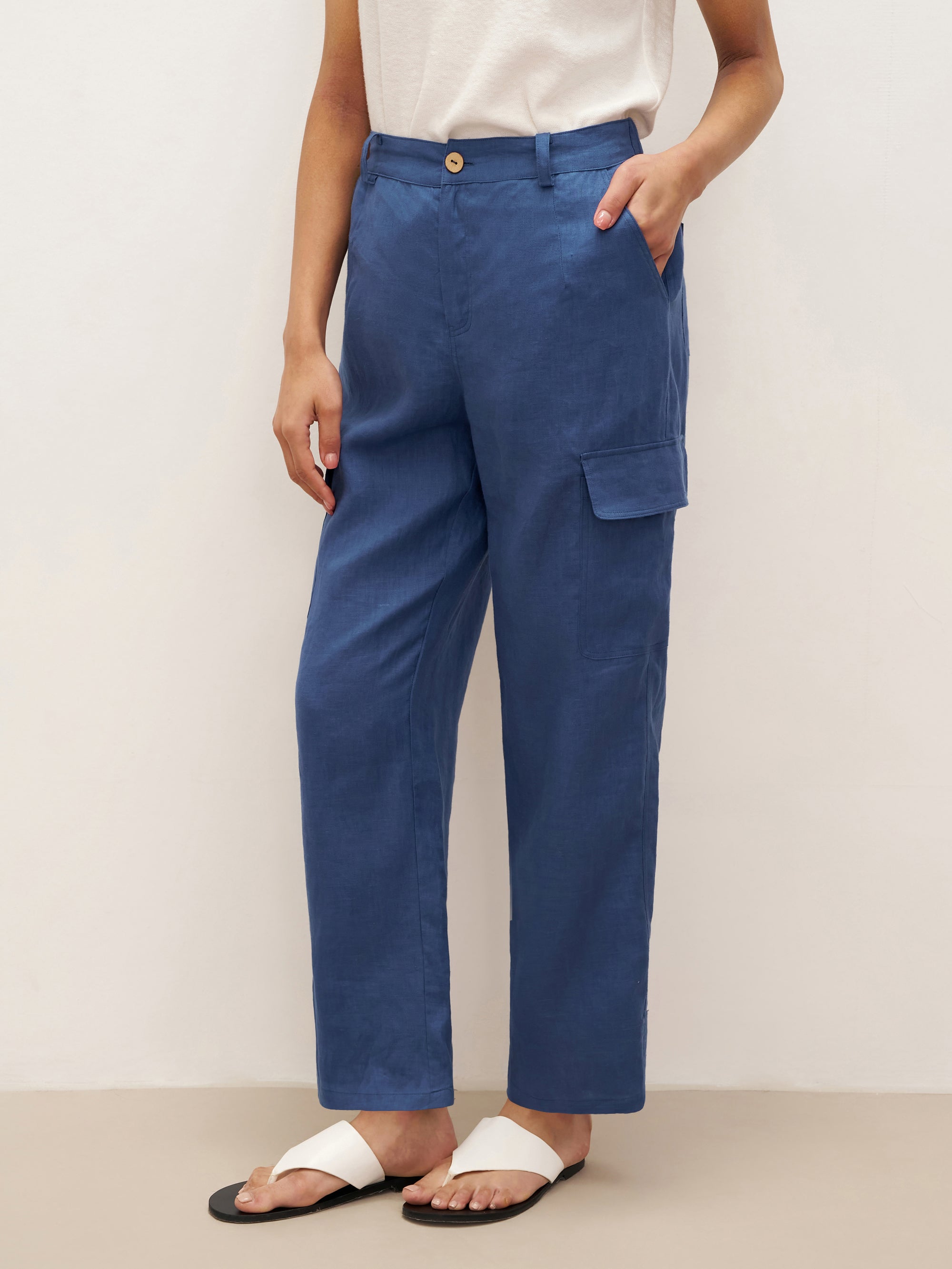 % Linen Cargo Tapered Trousers with Patch Pockets JESSE % Linen Cargo Tapered Trousers with Patch Pockets JESSE