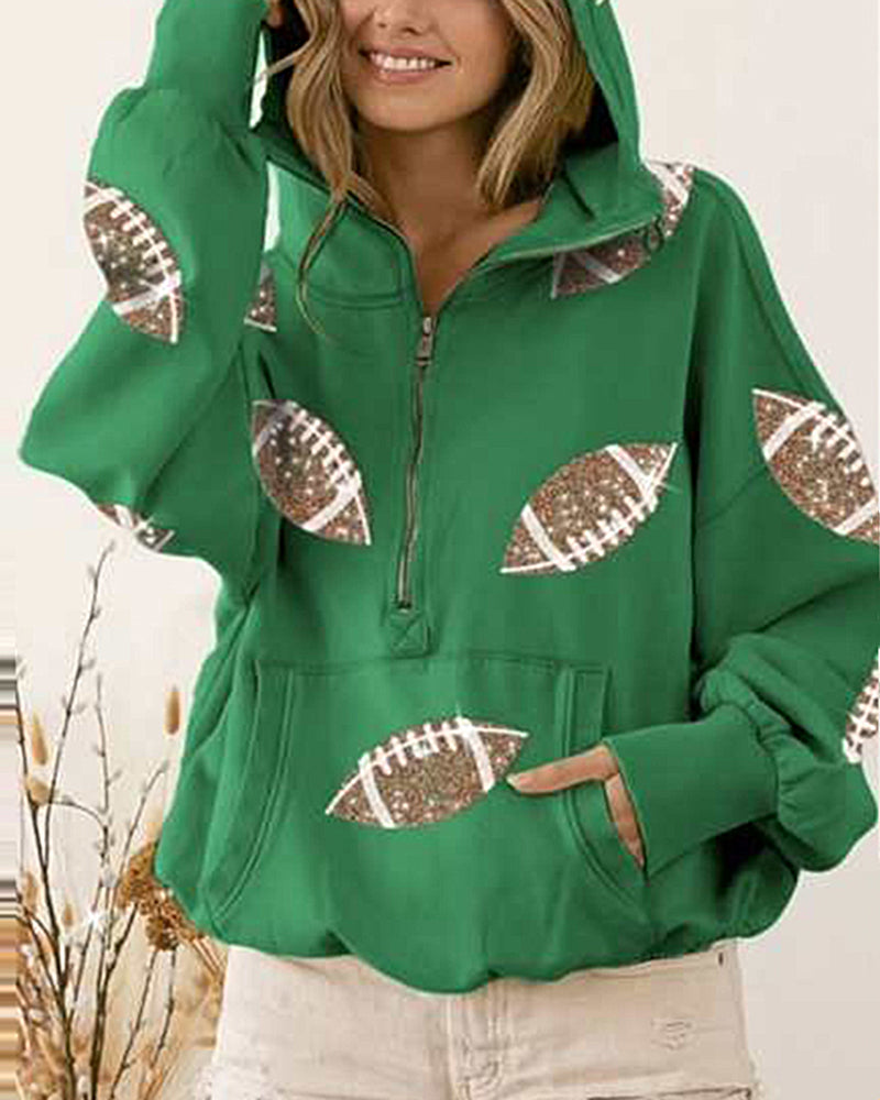 Rugby Sequined Hoodie Zipper Drawstring Long Sleeve Sweatshirt Top – Green S Rugby Sequined Hoodie Zipper Drawstring Long Sleeve Sweatshirt Top – Green S