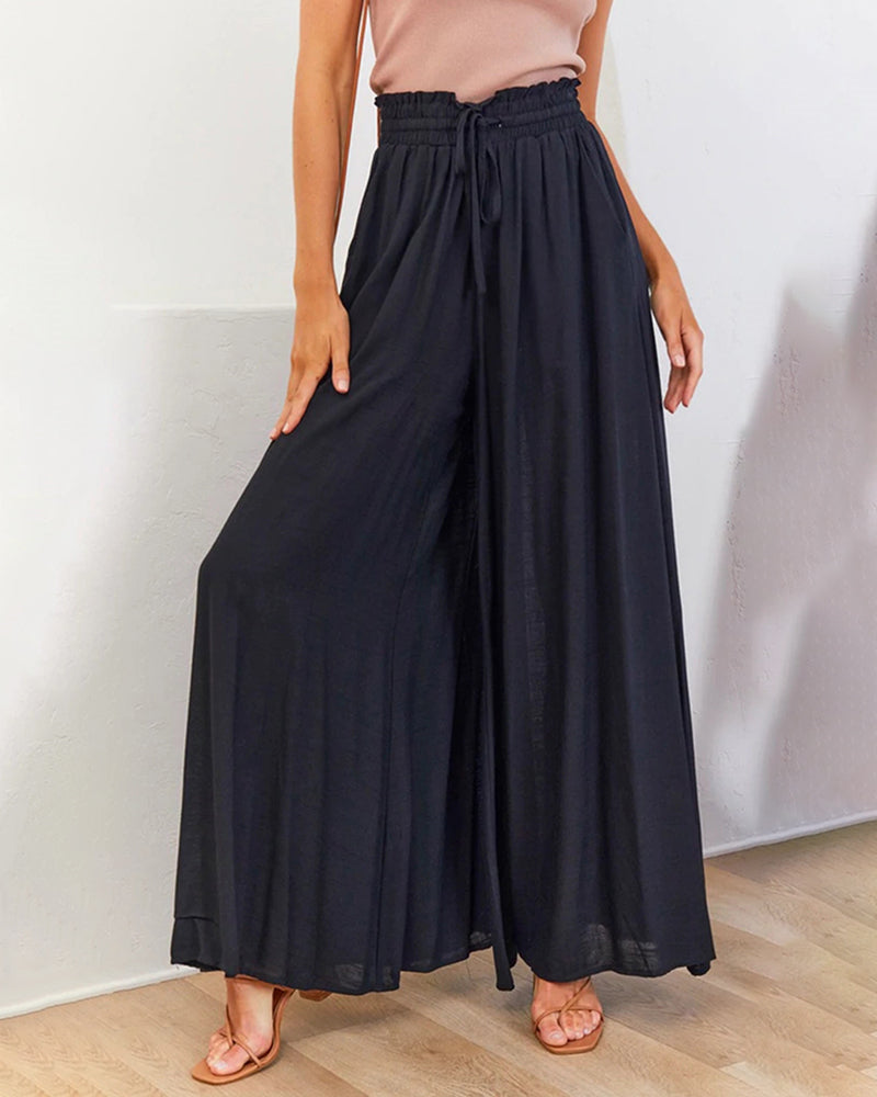 Wide Leg Flowy Pants Summer Boho Elastic Waist Drawstring Palazzo Trousers – Black L- Wide Leg Flowy Pants Summer Boho Elastic Waist Drawstring Palazzo Trousers – Black L-