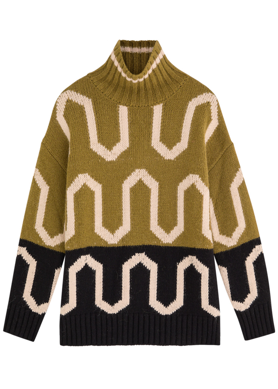 LA Double J Comber Colour-blocked Patterned Knitted Jumper – Green – S – S LA Double J Comber Colour-blocked Patterned Knitted Jumper – Green – S – S