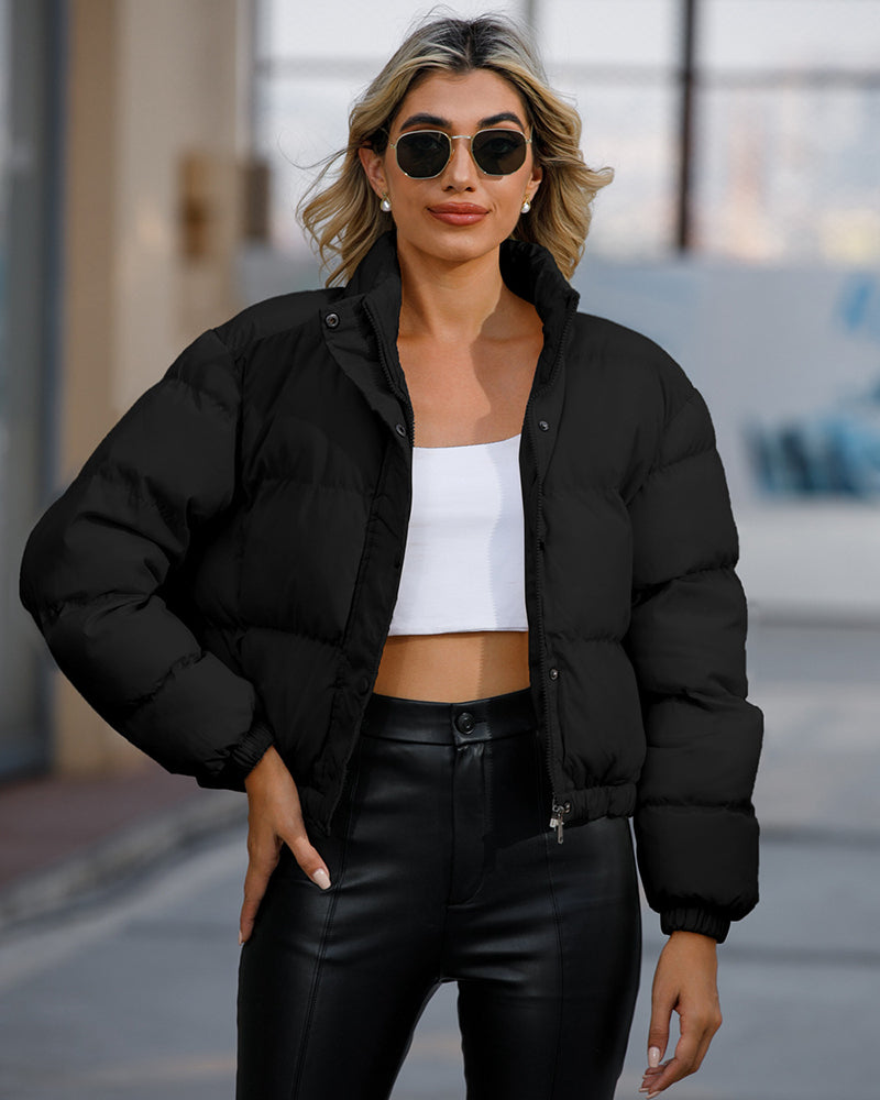 Short Puffer Jacket Stands Up Button Zipper Outerwear – Black S Short Puffer Jacket Stands Up Button Zipper Outerwear – Black S