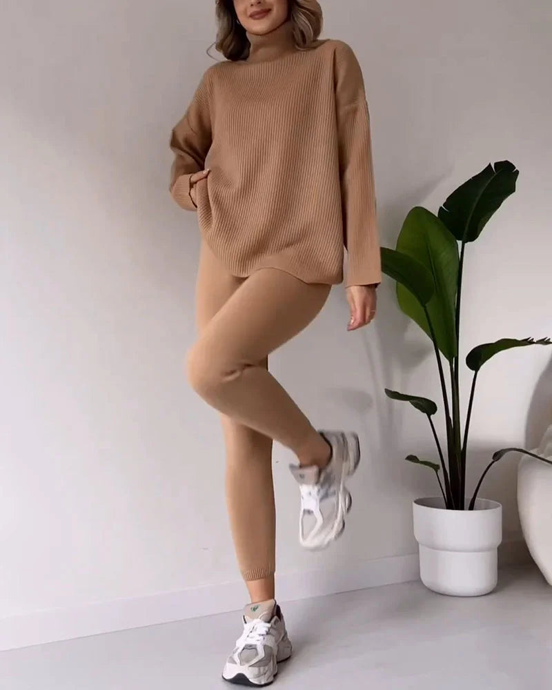 Zeagoo Chic Turtleneck Top and Slim Trousers Two-piece Set – Camel M