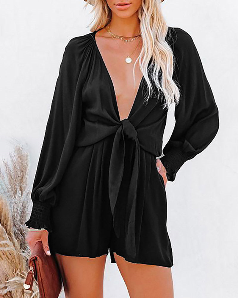 Long Sleeve Front Ties V Neck Shorts Jumpsuit – Black L-