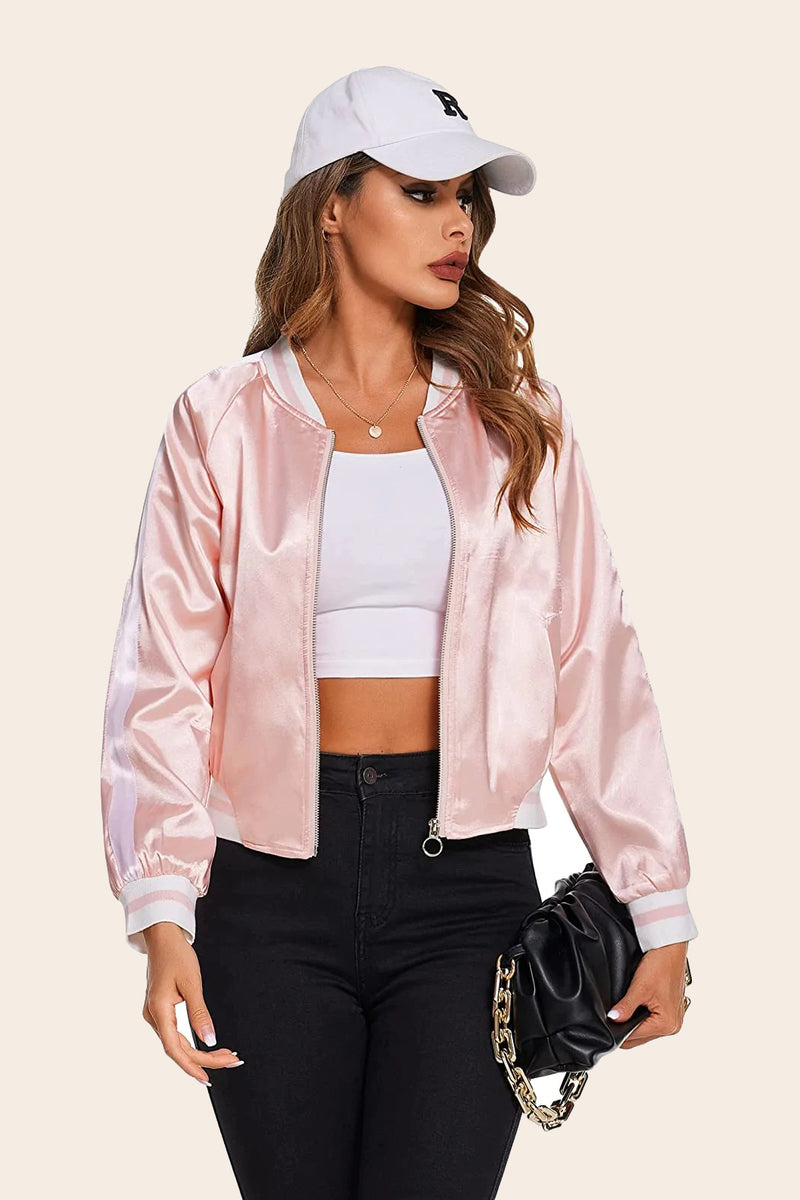 Striped Biker Jacket Zip Up Bomber Jacket – Zeagoo- Pink S