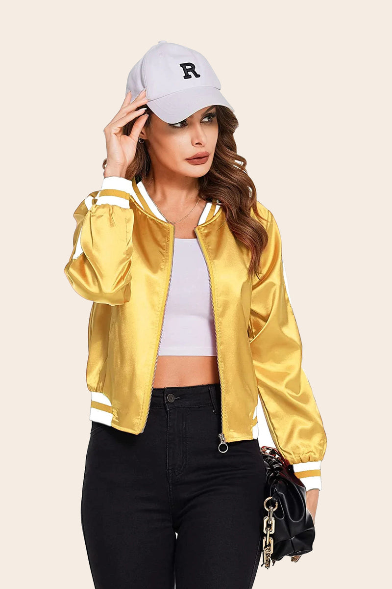 Striped Biker Jacket Zip Up Bomber Jacket – Zeagoo- Yellow M Striped Biker Jacket Zip Up Bomber Jacket – Zeagoo- Yellow M