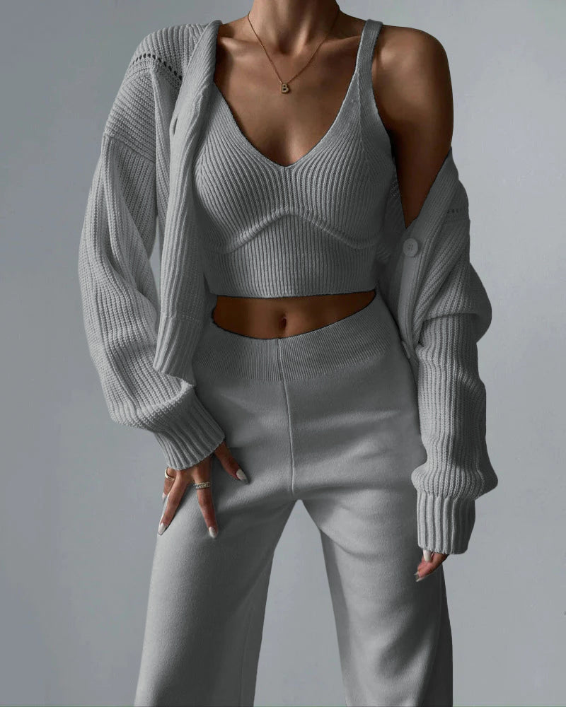 🔥Limited Days & Lowest Price Chic V-neck Knitted Three-piece Set Crop Vest and Sweater Cardigan & Solid Wide Leg Pants – Grey M 🔥Limited Days & Lowest Price Chic V-neck Knitted Three-piece Set Crop Vest and Sweater Cardigan & Solid Wide Leg Pants – Grey M