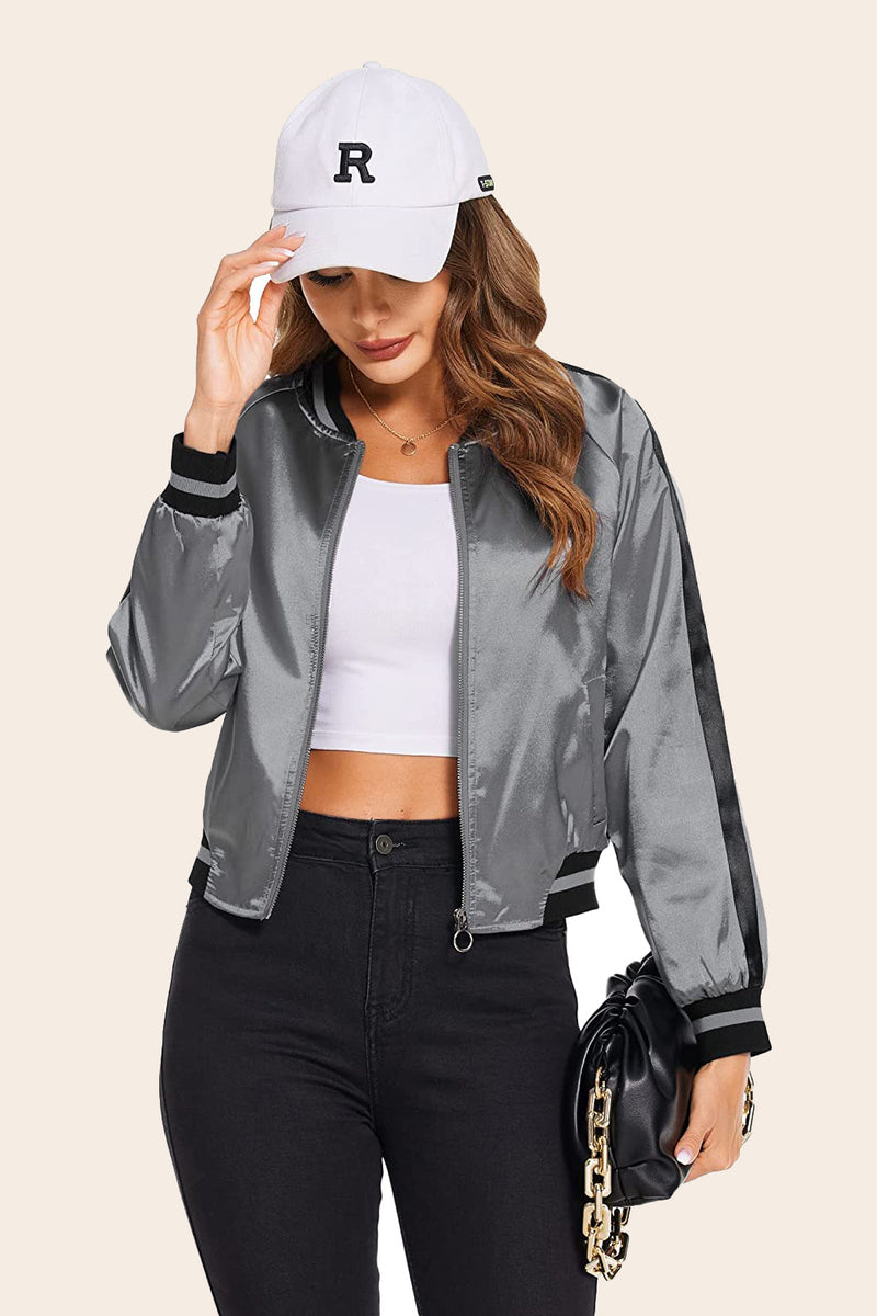 Striped Biker Jacket Zip Up Bomber Jacket – Zeagoo- Grey M Striped Biker Jacket Zip Up Bomber Jacket – Zeagoo- Grey M
