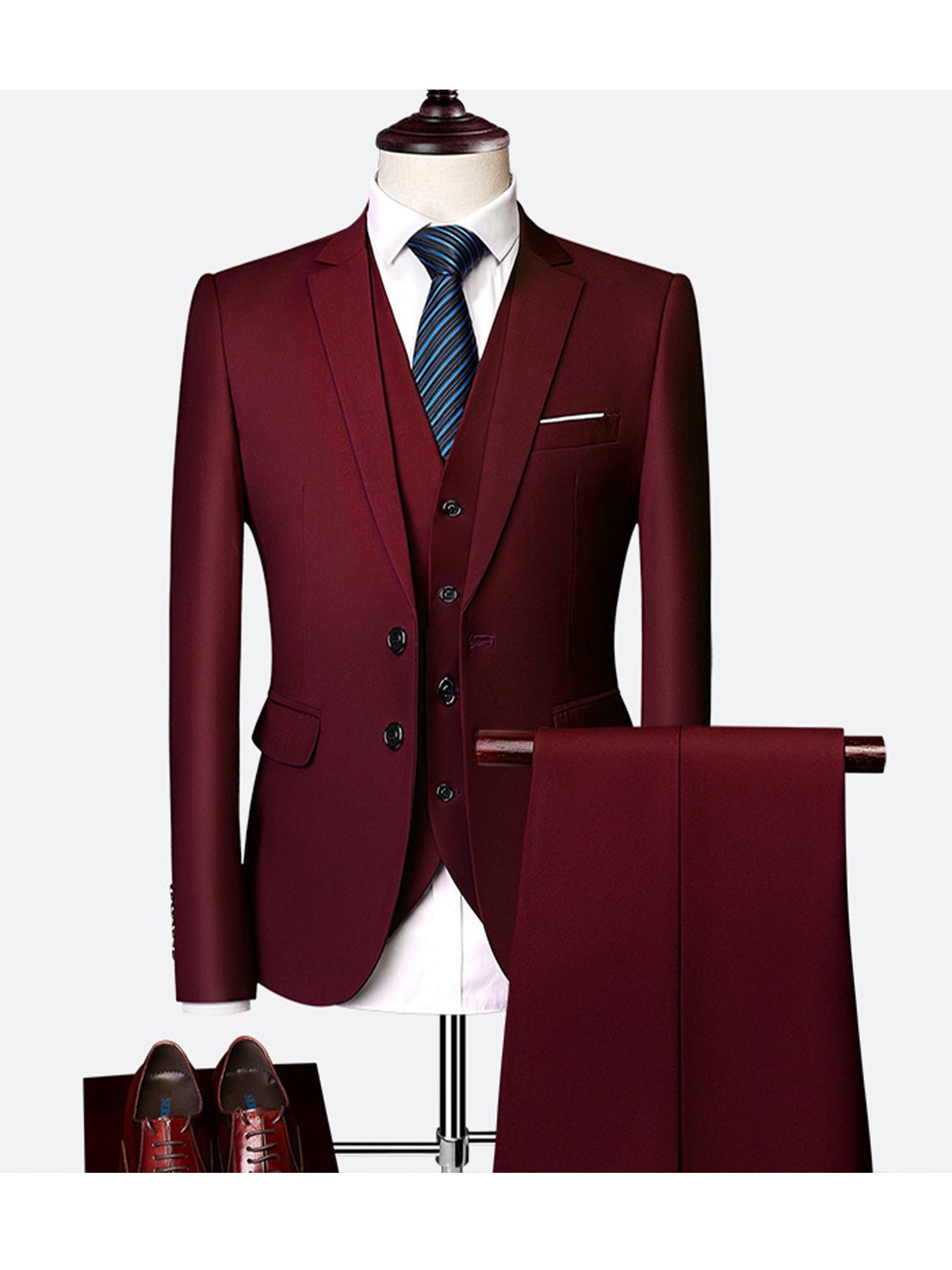 Burgundy Casual Men’s Pieces Mens Suit Regular Fit Notch Lapel Tuxedos Blazer+vest+Pants Burgundy Casual Men’s Pieces Mens Suit Regular Fit Notch Lapel Tuxedos Blazer+vest+Pants
