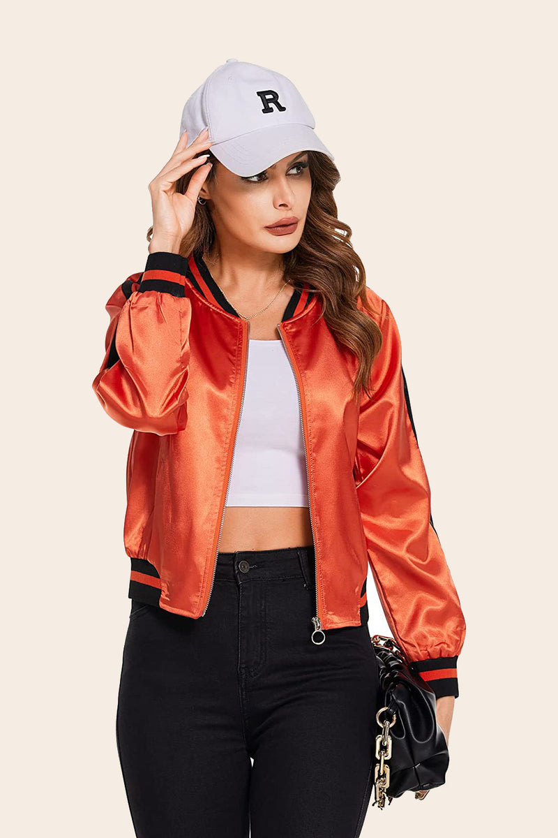 Striped Biker Jacket Zip Up Bomber Jacket – Zeagoo- Orange