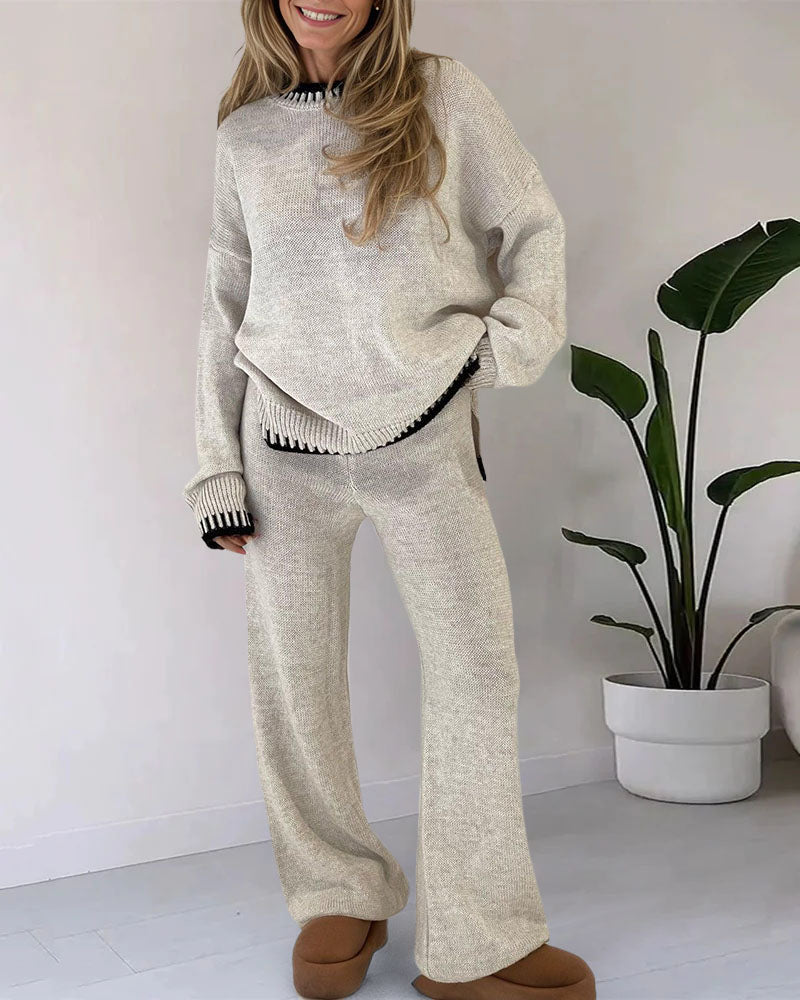 Zeagoo Casual Two-Pieces Outfits Contrast Trim Knitted Jumper and Trousers Sets – Beige S Zeagoo Casual Two-Pieces Outfits Contrast Trim Knitted Jumper and Trousers Sets – Beige S