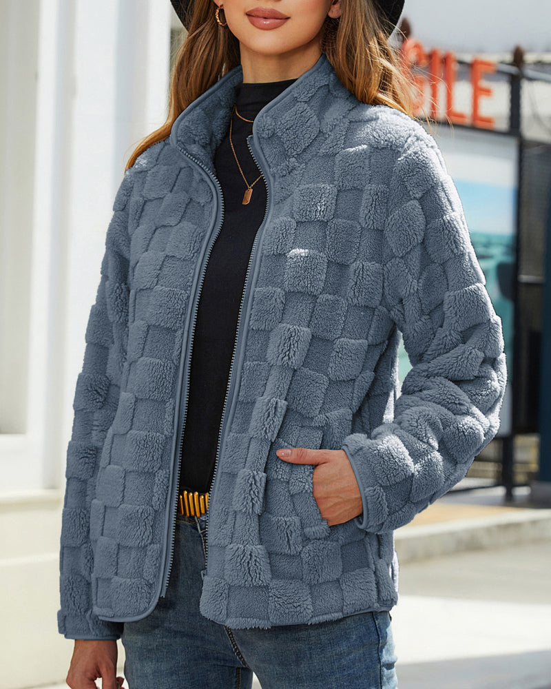 Long-sleeved Zippered Cardigan Loose Solid Color Checkered Plush Jacket – Blue S