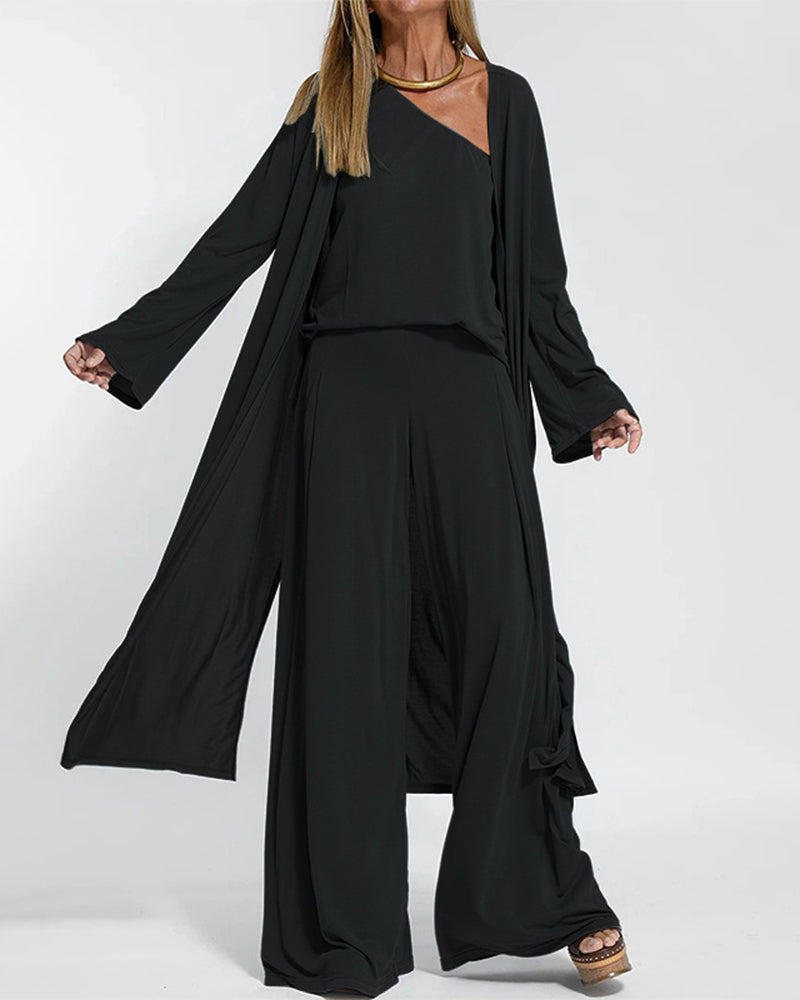 Four-Piece Set Sleeveless Shirt Vest, Open-Front Cardigan, Long-Sleeve Jacket, and Wide-Leg Pants – Black Four-Piece Set Sleeveless Shirt Vest, Open-Front Cardigan, Long-Sleeve Jacket, and Wide-Leg Pants – Black