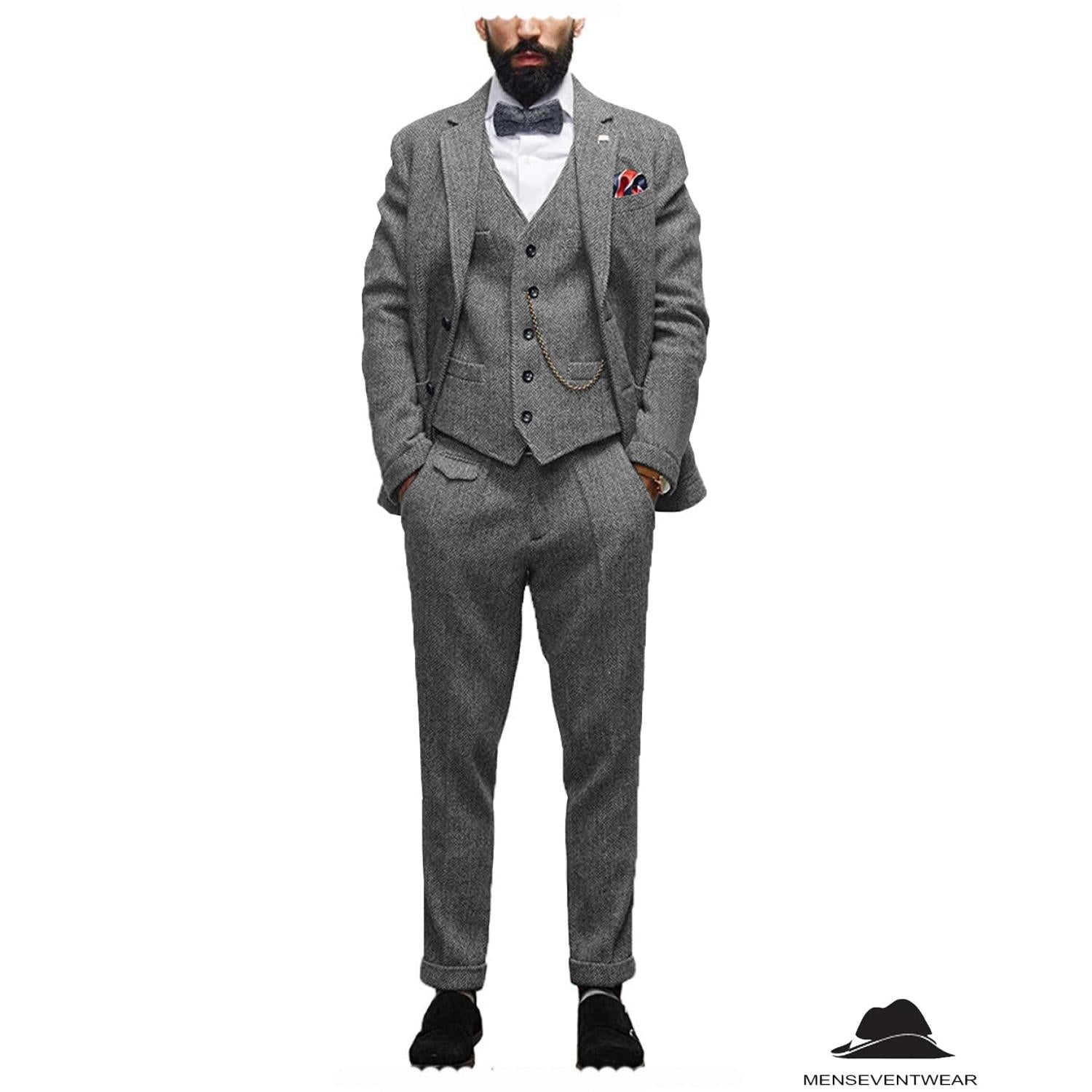 Menseventwear Pieces Classic Mens Suit Herringbone Notch Lapel Blazer Blazer+vest+Pants