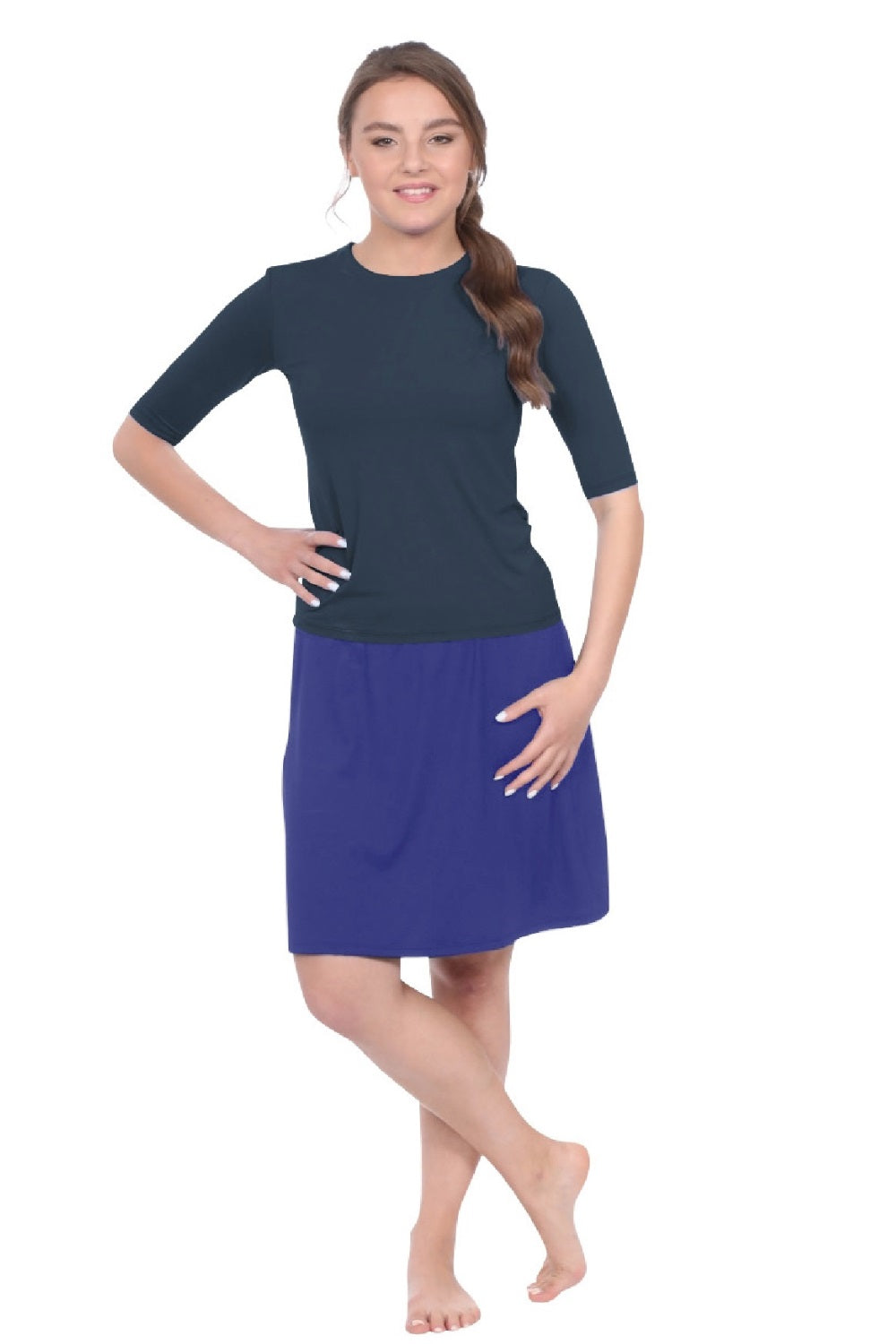 Knee-Length SwimSport Skirt with Attached Shorts, Pocket and UPF + Protection – Deep Blue Medium Knee-Length SwimSport Skirt with Attached Shorts, Pocket and UPF + Protection – Deep Blue Medium