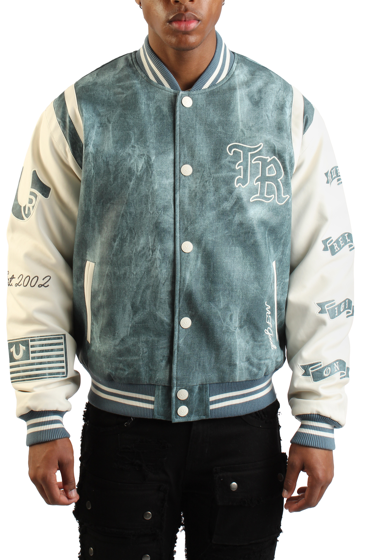 Men Denim Print Retro Varsity Jacket DenimWinter White Jackets L DenimWinter White Men Denim Print Retro Varsity Jacket DenimWinter White Jackets L DenimWinter White