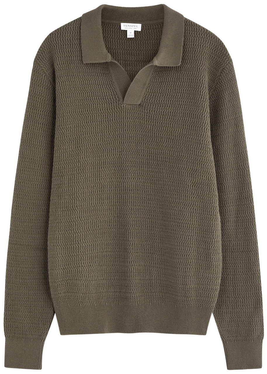 Sunspel Textured Cotton Polo Jumper – Dark Green Sunspel Textured Cotton Polo Jumper – Dark Green