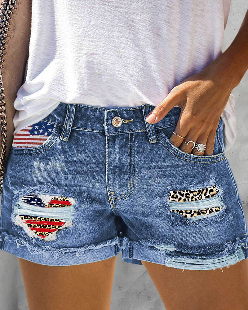 Independence Day Leopard Heart Print Ripped Destroyed Slim Butt Lift Shorts Jeans – Blue