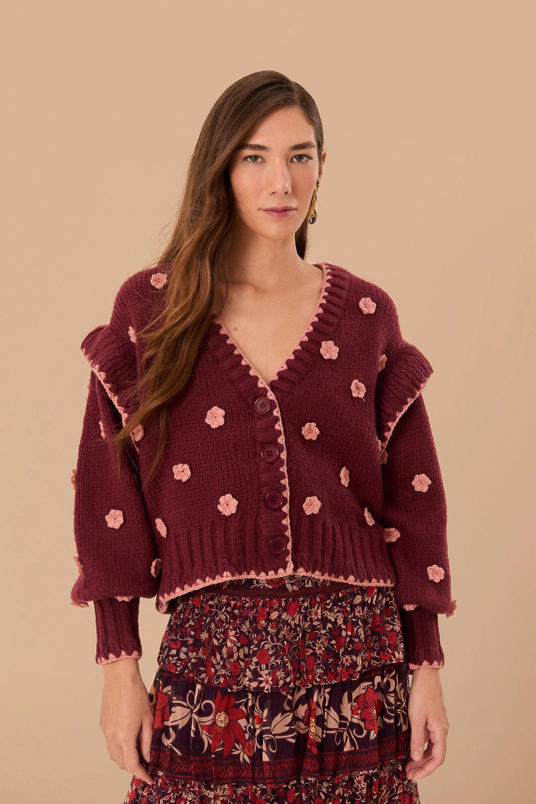 Burgundy Crochet Flowers Knit Cardigan, BURGUNDY