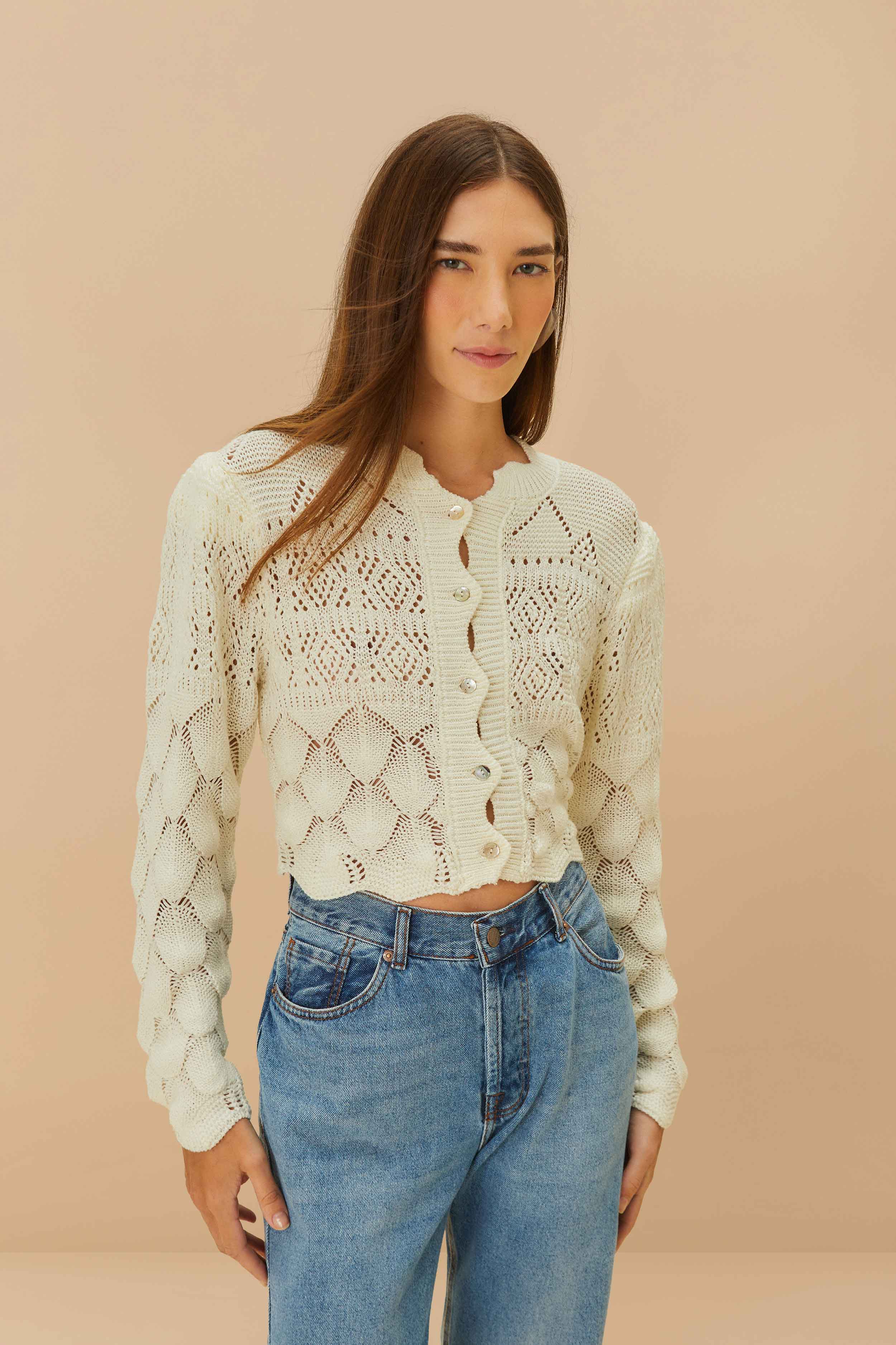 Off-White Mixed Lace Stitch Cardigan, OFF Off-White Mixed Lace Stitch Cardigan, OFF