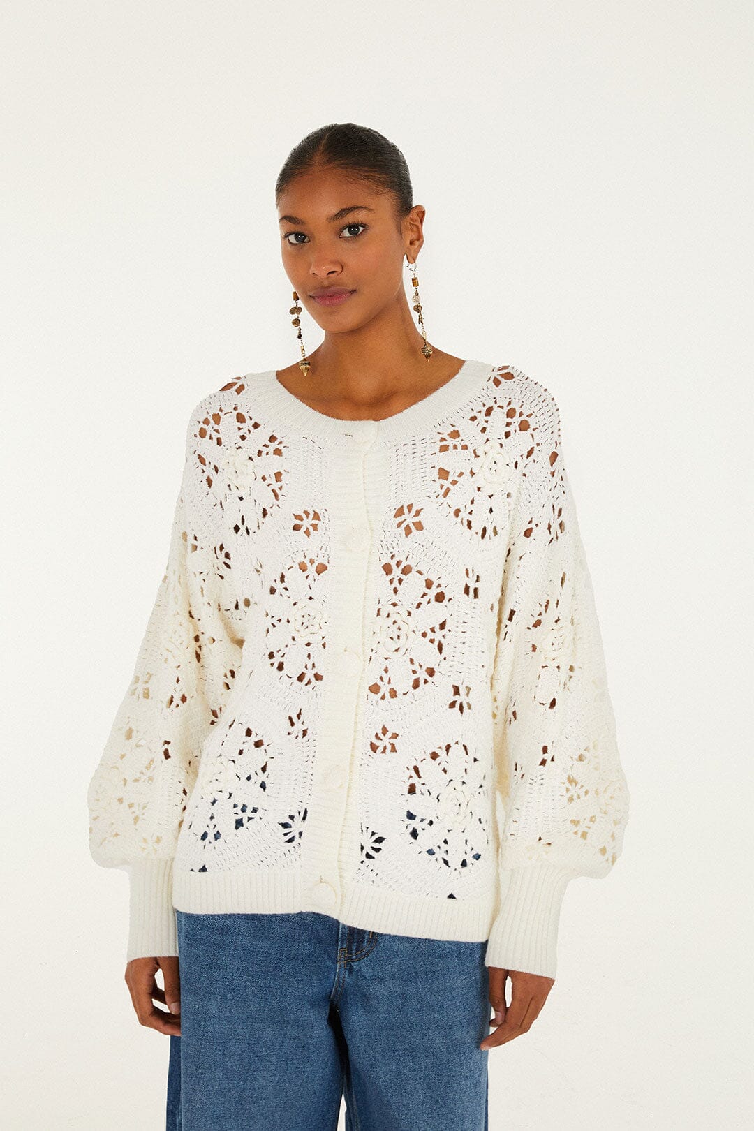 Off-White Crochet d Flower Knit Cardigan, OFF Off-White Crochet d Flower Knit Cardigan, OFF