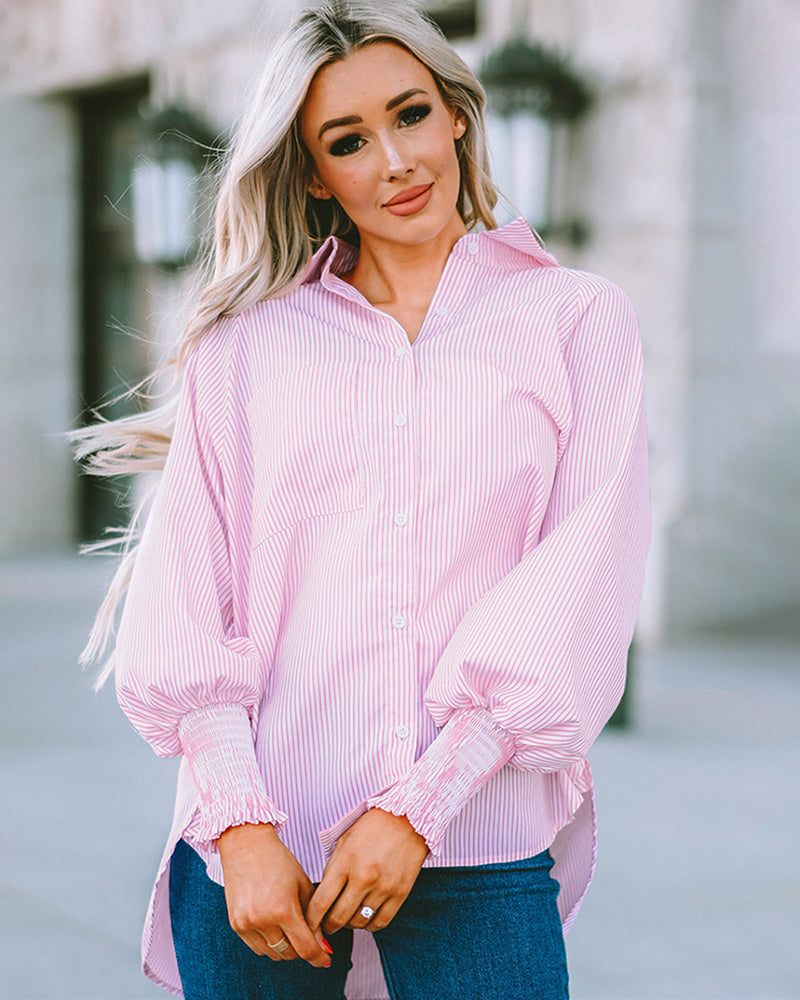 Zeagoo Stripe Button-Down Long Sleeve Shirt Contrast Business Casual Top Loose Blouse – Pink S Zeagoo Stripe Button-Down Long Sleeve Shirt Contrast Business Casual Top Loose Blouse – Pink S