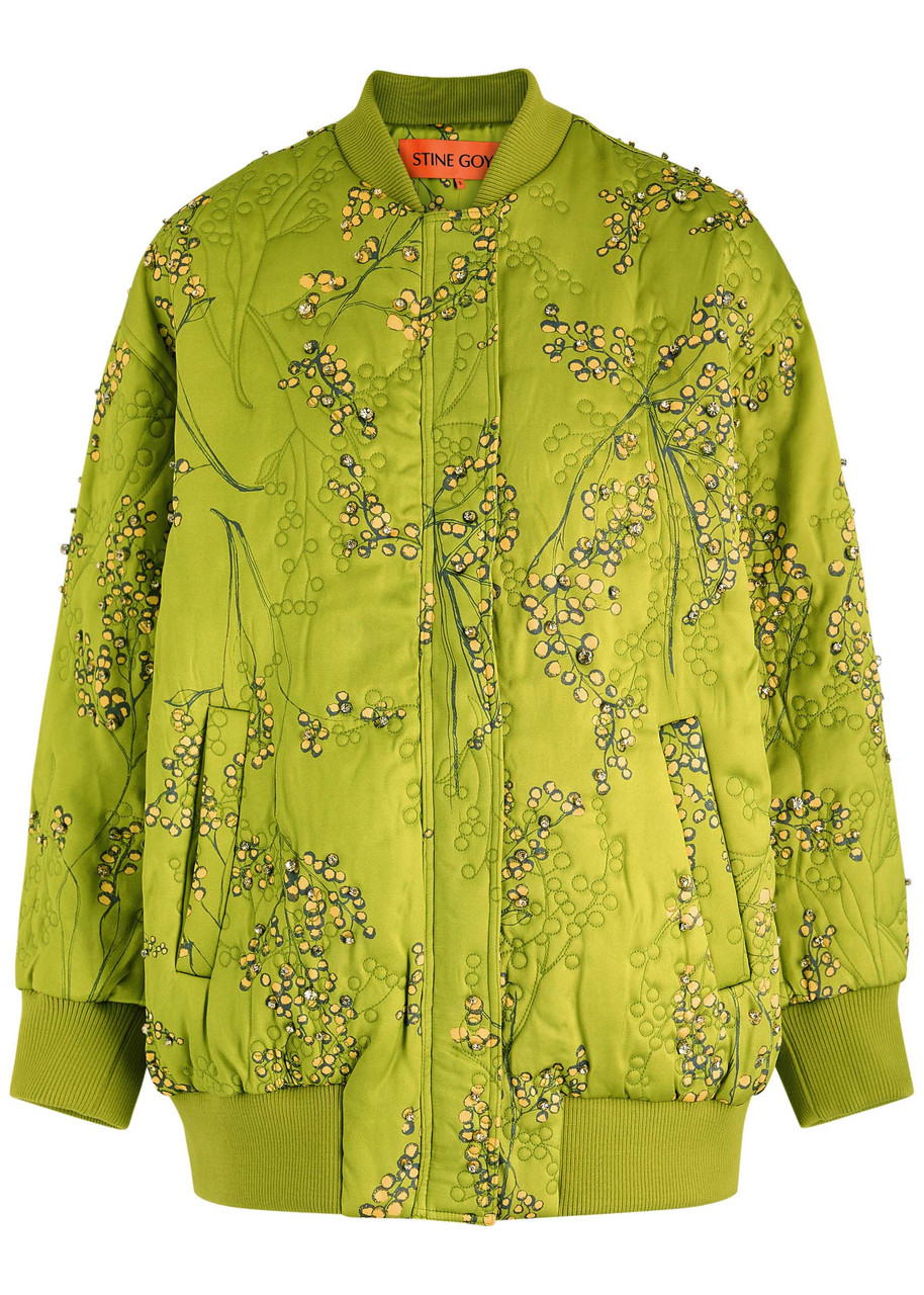 Stine Goya Floral-print Embellished Satin Bomber Jacket – Green – M M Stine Goya Floral-print Embellished Satin Bomber Jacket – Green – M M