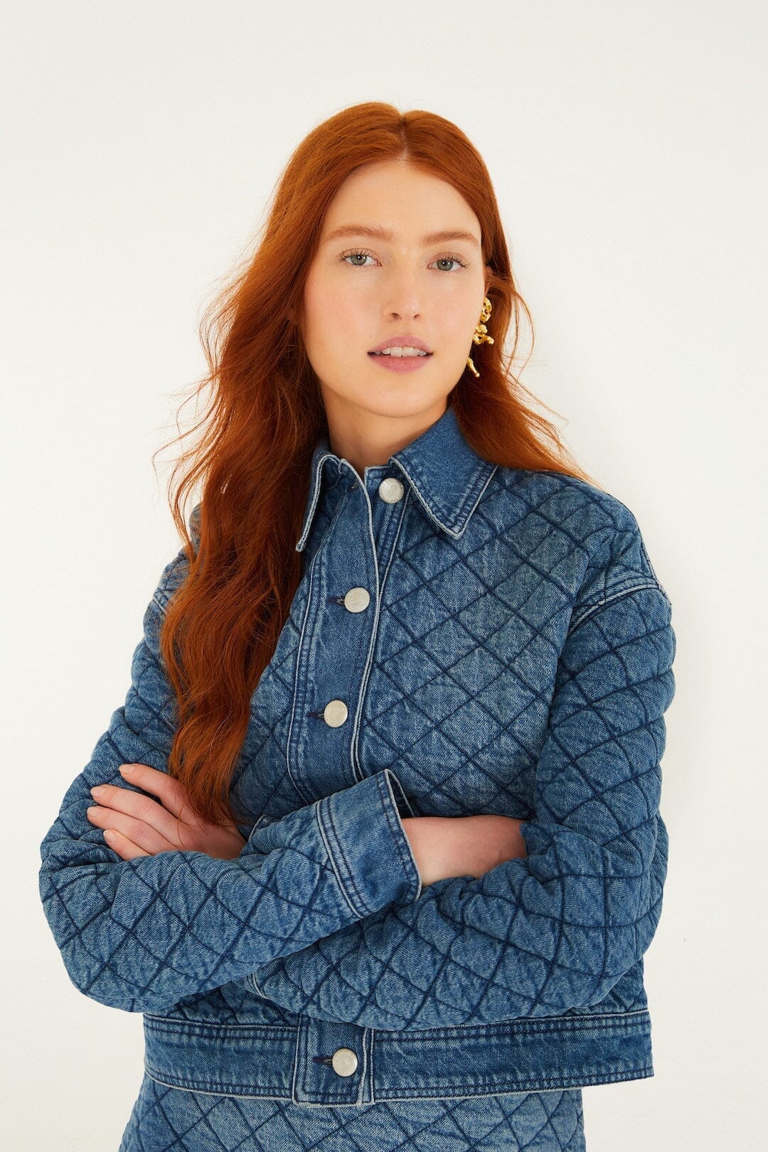 Denim Buttoned Quilted Bomber Jacket, DENIM Denim Buttoned Quilted Bomber Jacket, DENIM
