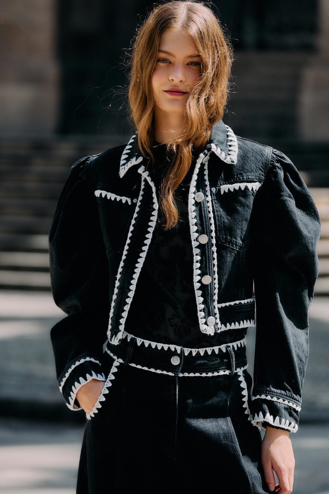 Black Romantic Crochet Embroidery Puff Sleeve Denim Jacket, BLACK DENIM Black Romantic Crochet Embroidery Puff Sleeve Denim Jacket, BLACK DENIM