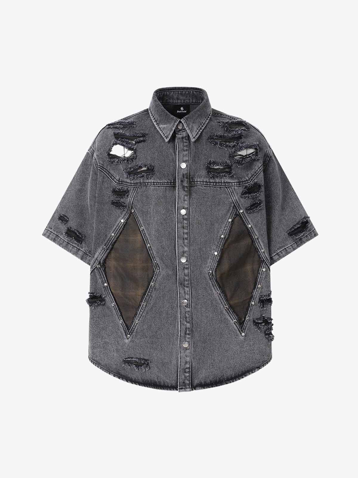 Retro Washed Plaid-Paneled Distressed Denim Set – Washed Ash M Shirt Retro Washed Plaid-Paneled Distressed Denim Set – Washed Ash M Shirt