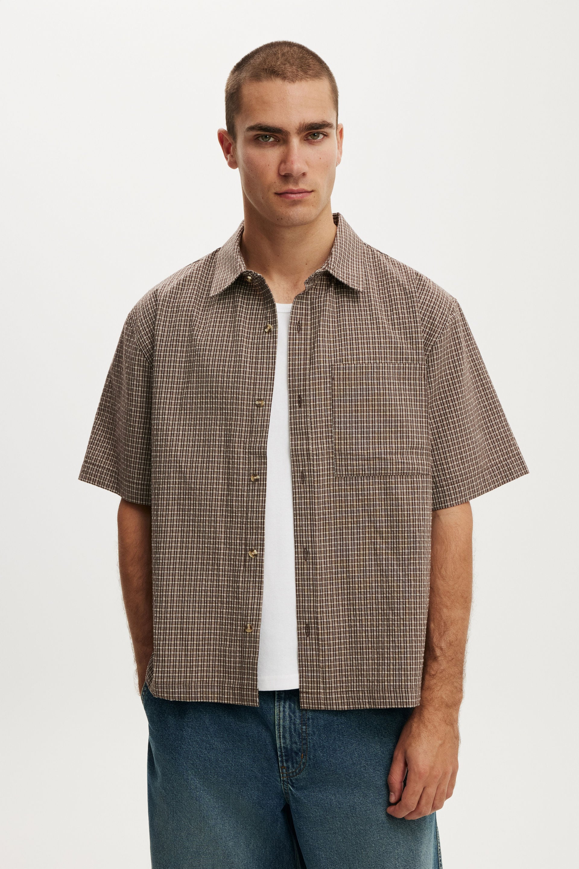 Cotton On Men – Darcy Short Sleeve Shirt – Choc mini check Cotton On Men – Darcy Short Sleeve Shirt – Choc mini check