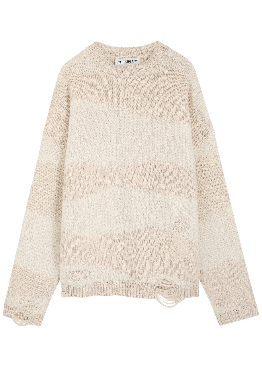 Our Legacy Popover Roundneck Striped Distressed Cotton-blend Jumper – White – IT S Our Legacy Popover Roundneck Striped Distressed Cotton-blend Jumper – White – IT S