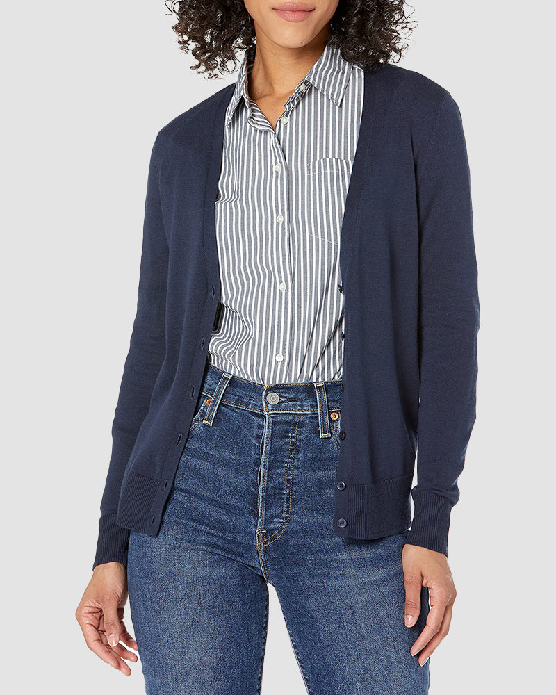 Long Sleeve Choker Top Lightweight Vee Cardigan Sweater – Navy blue S