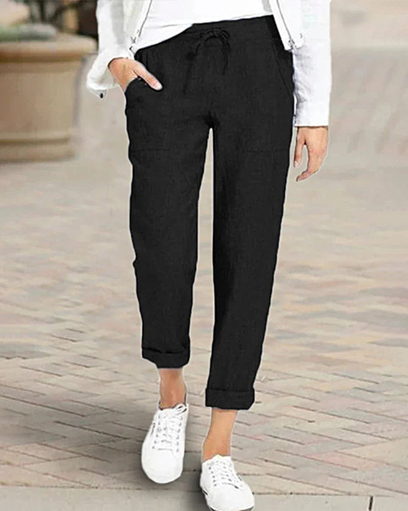 Solid High Waist Drawstring Pocket Loose Casual Trousers Pants – Black L-
