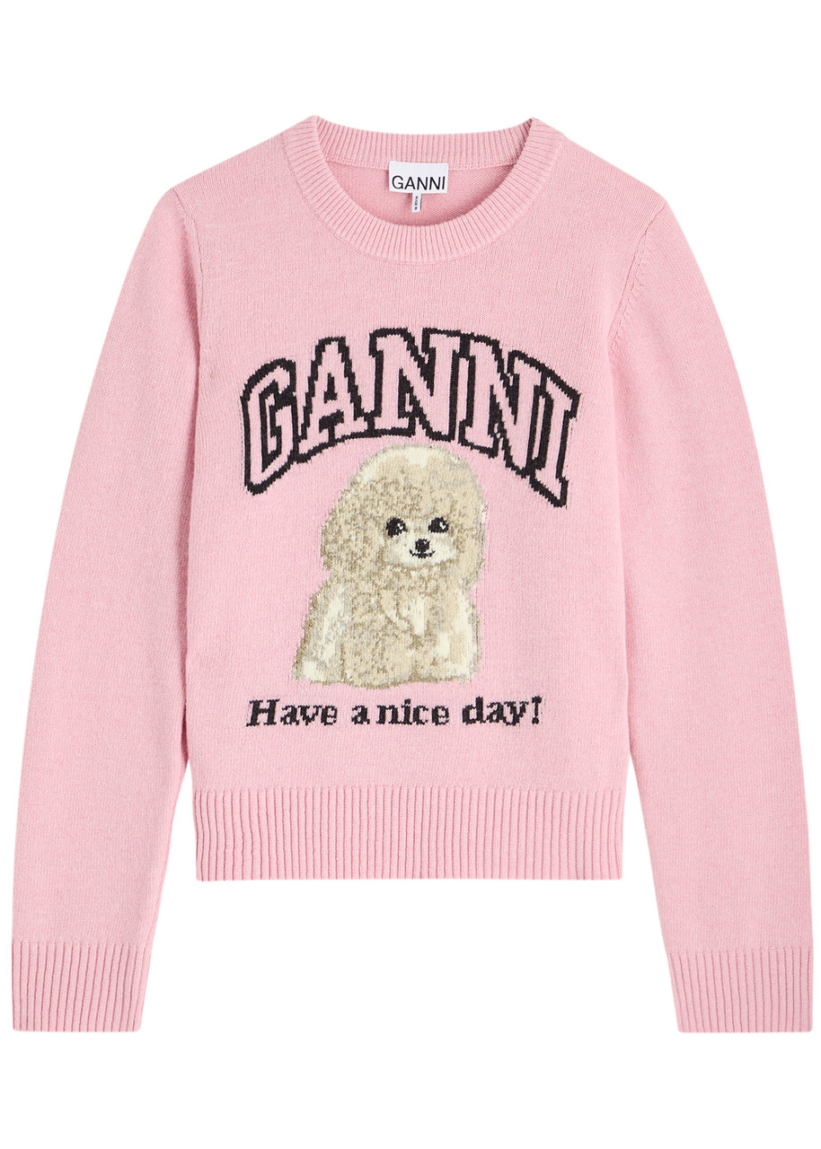Ganni Poodle Logo-intarsia Wool-blend Jumper – Pink – L L Ganni Poodle Logo-intarsia Wool-blend Jumper – Pink – L L