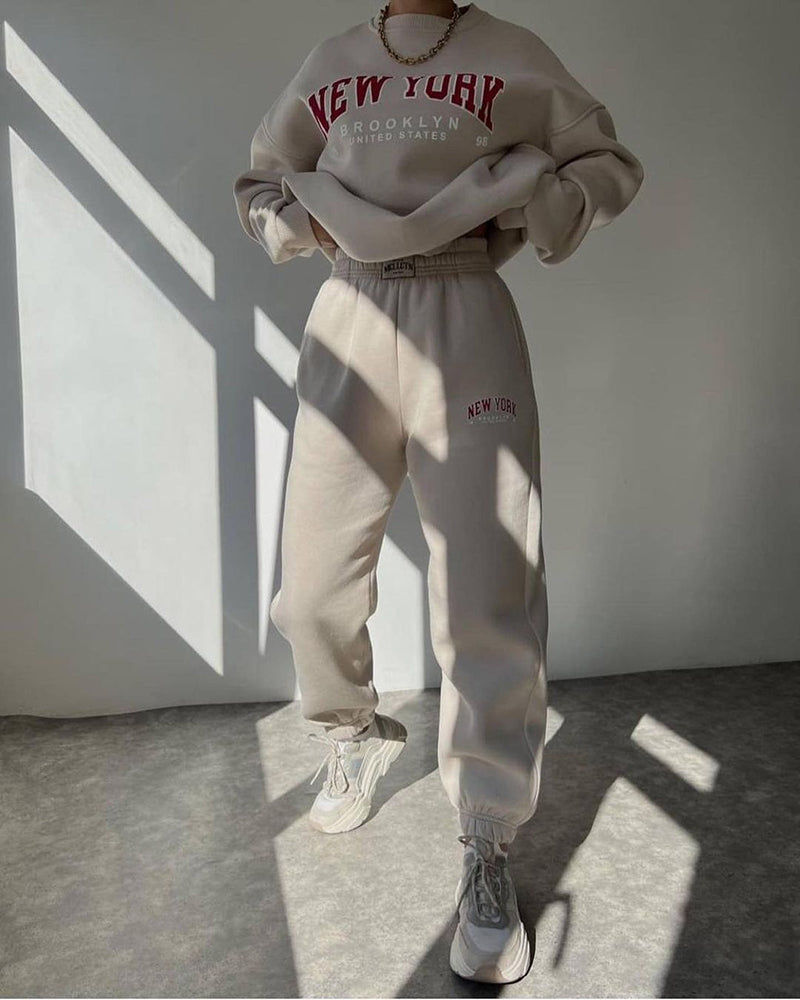 Two Piece Outfits Casual Lounge Sets Round Neck Sweatshirt Pullover with Hip Hop Pants – Khaki S