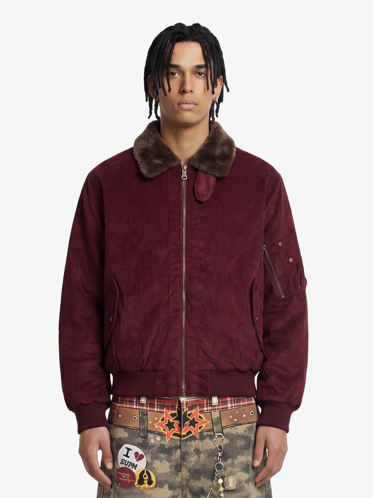 Retro Suede Faux Fur Collar Fleece Lined Bomber Jacket Retro Suede Faux Fur Collar Fleece Lined Bomber Jacket