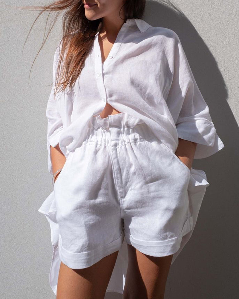 Zeagoo Button-up Shirts Tops Shorts Set – White