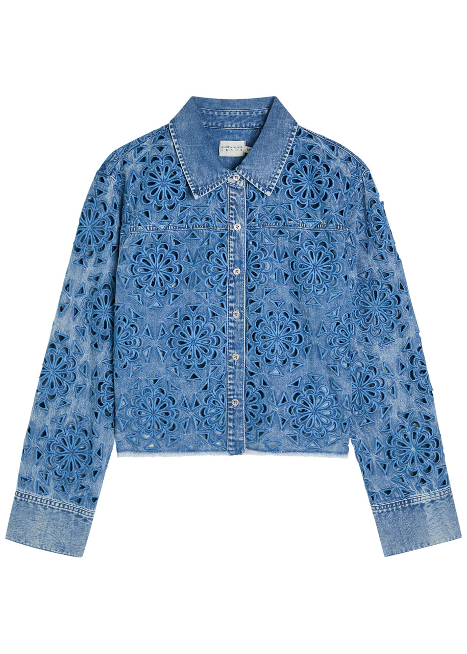Alice + Olivia Finley Cutwork Denim Shirt – Blue
