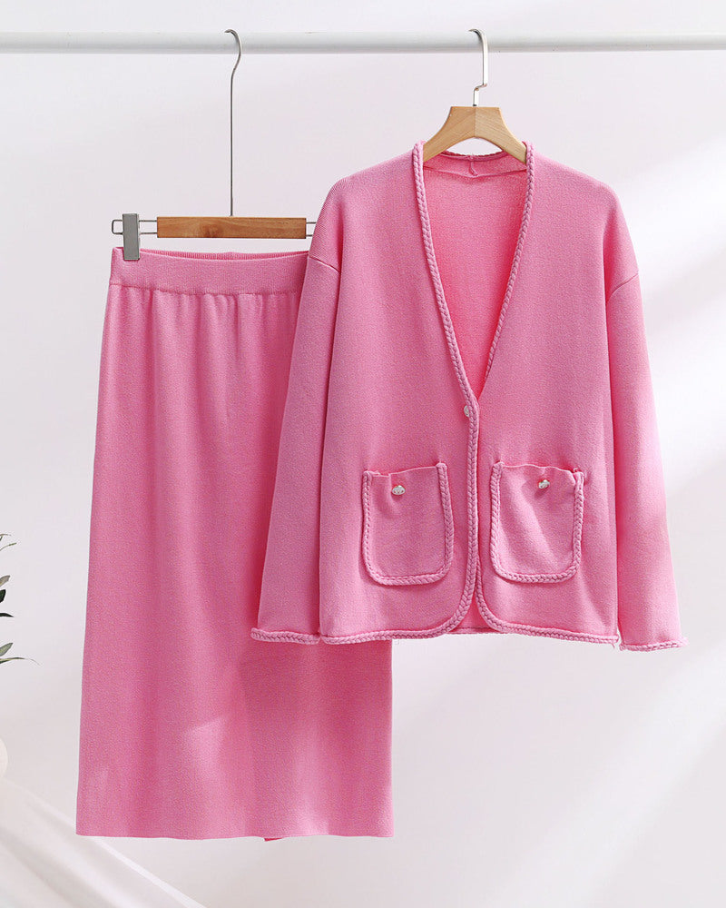 Knitted Two-piece Sets Loose Casual Skirt Suit – Pink S Knitted Two-piece Sets Loose Casual Skirt Suit – Pink S