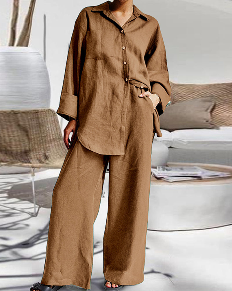 Zeagoo Casual Retro Two-Piece Sets Long Sleeve Loose Shirt and Elastic Waist Wide Leg Pants – Khaki M Zeagoo Casual Retro Two-Piece Sets Long Sleeve Loose Shirt and Elastic Waist Wide Leg Pants – Khaki M