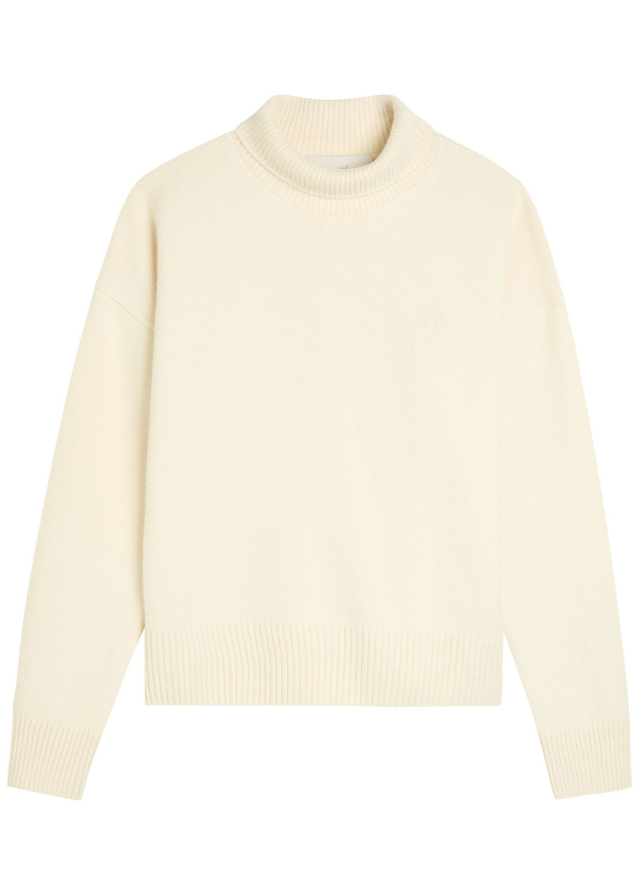 Ami Paris Roll-neck Wool and Cashmere-blend Jumper – Ivory