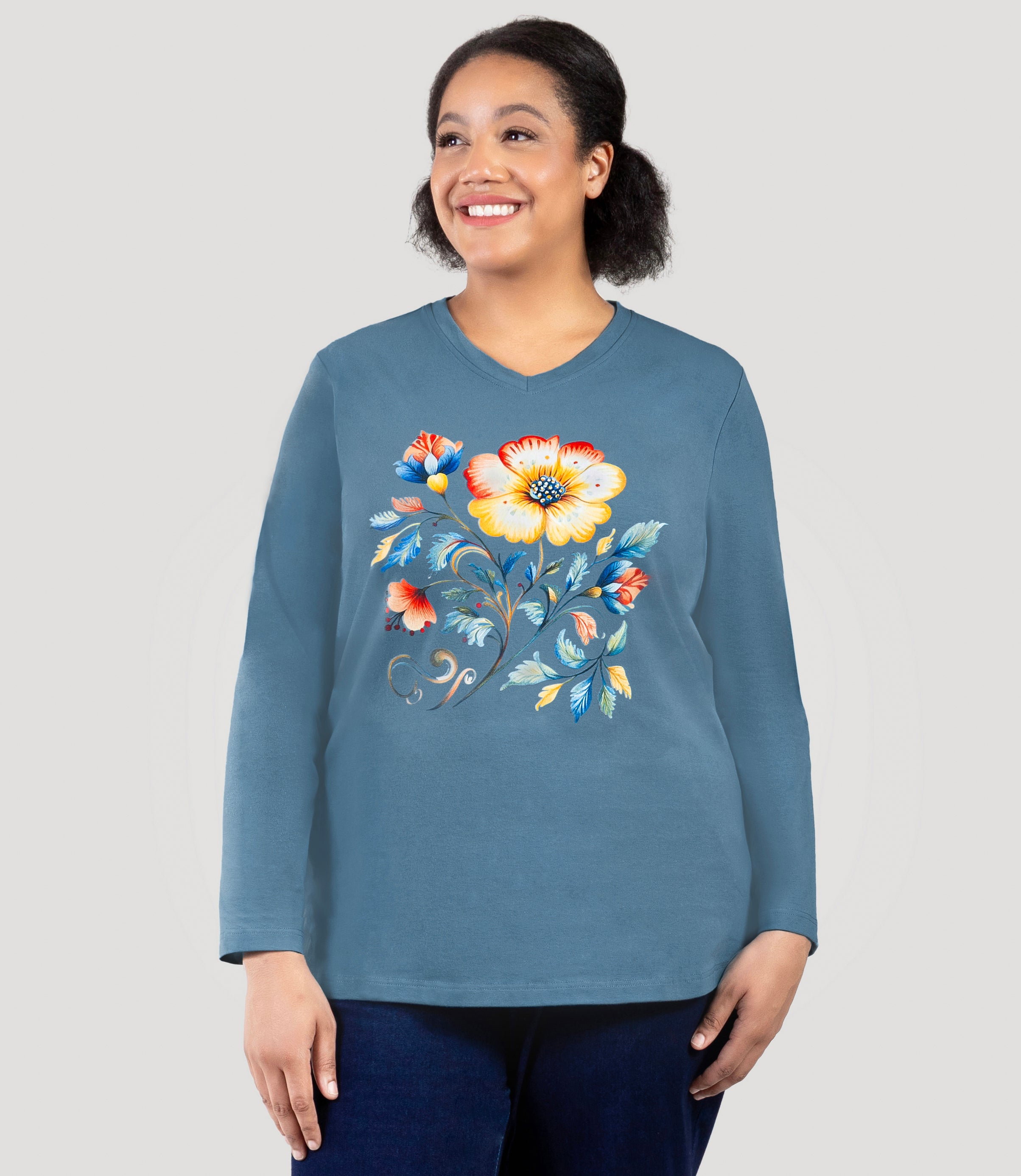 Designer Graphic Long Sleeve V-Neck Top Amber Flora, X Dusty Teal