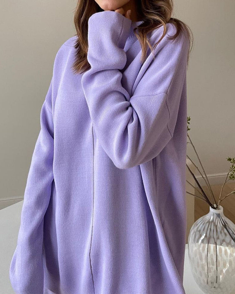Long Sleeve Loose Casual Mid-Turtleneck Sweater – Purple L- Long Sleeve Loose Casual Mid-Turtleneck Sweater – Purple L-