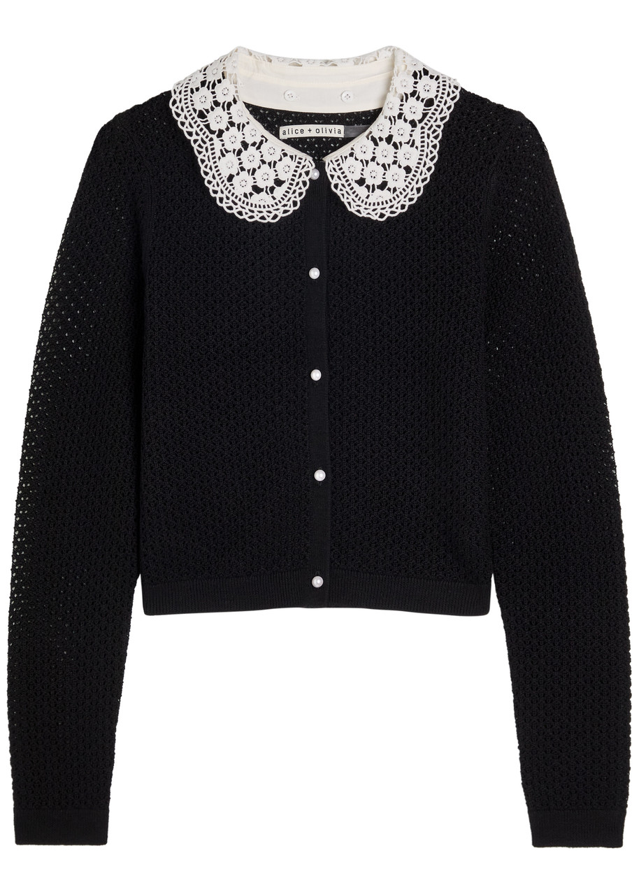 Alice + Olivia Carson Lace-embellished Crocheted Cropped Cardigan – Black – L L Alice + Olivia Carson Lace-embellished Crocheted Cropped Cardigan – Black – L L