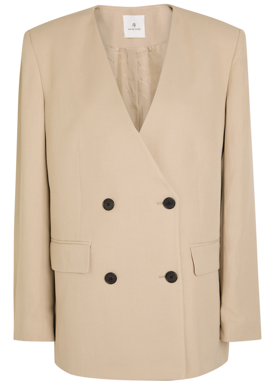 Anine Bing Maron V-neck Woven Blazer – Tan – L L Anine Bing Maron V-neck Woven Blazer – Tan – L L