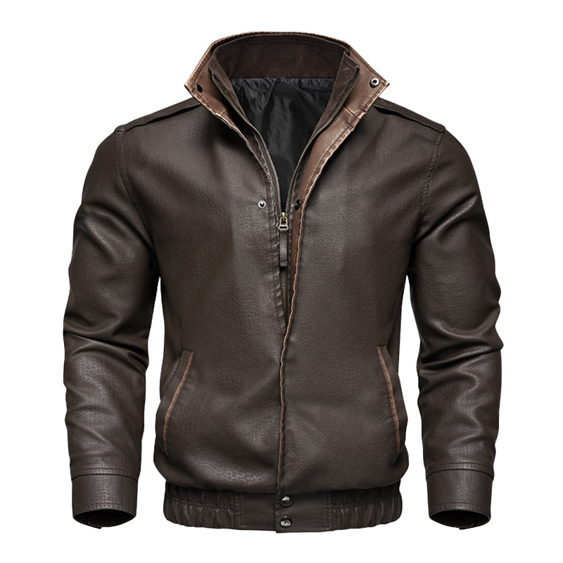 Men’s Vintage Double Collar Leather Long Sleeve Zip Fly Bomber Jacket M